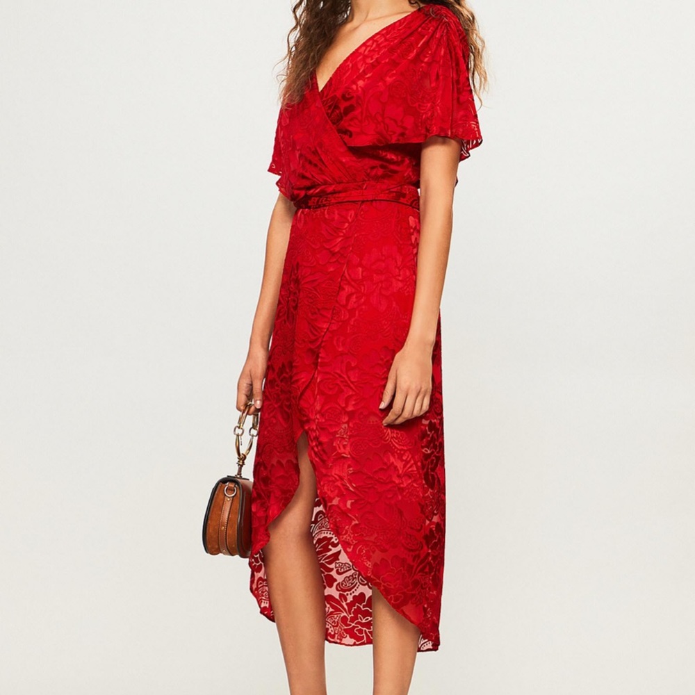 Alice + Olivia Darva Gathered Mock Wrap Midi Baroque Floral Ruby Dress size 4
